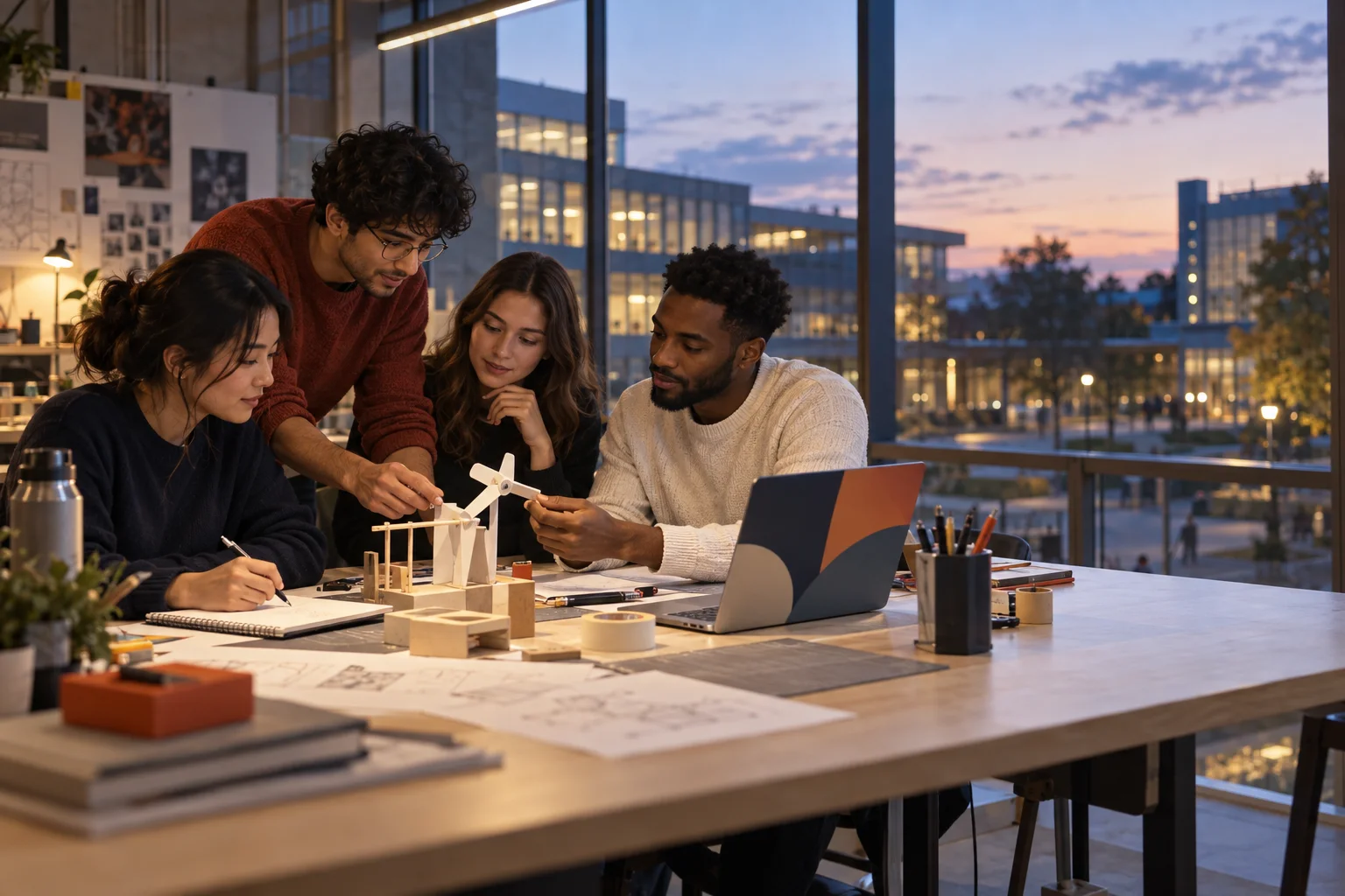 Original concept artwork showing Waterloo-style student builders testing a small prototype in a campus studio at dusk