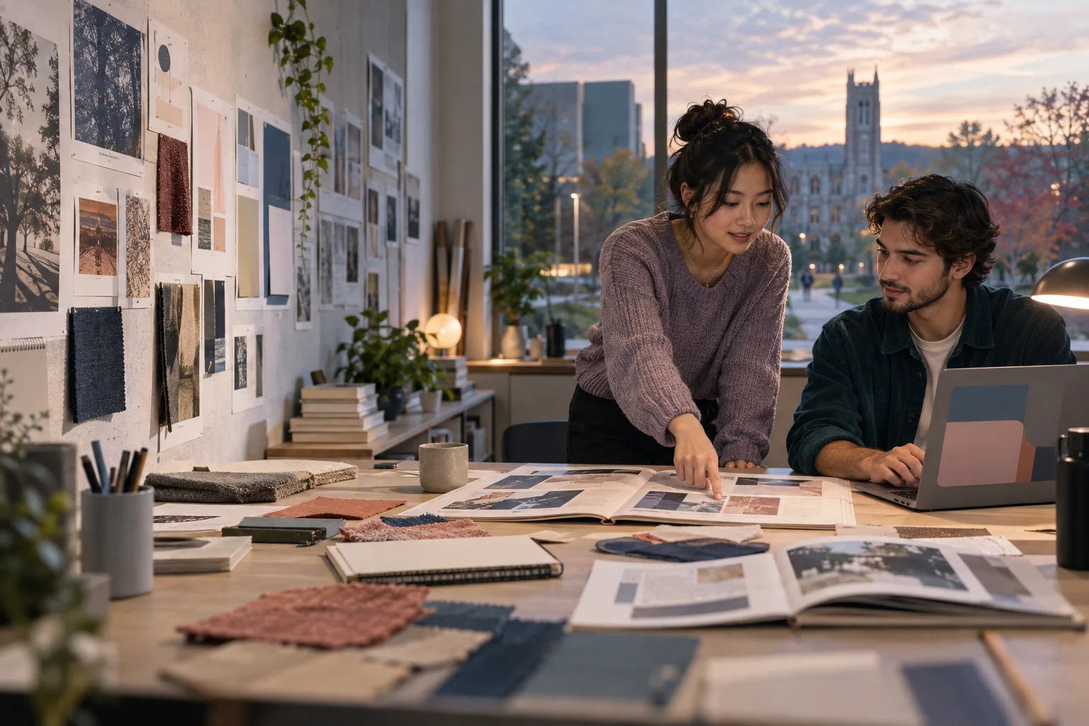 Original concept artwork showing a student and recent graduate reviewing a portfolio in a campus design studio
